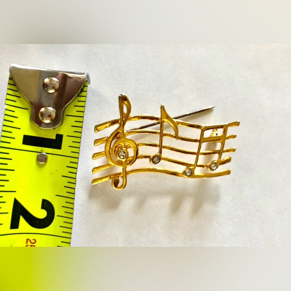 Brooch Gold Tone Rhinestone Musical Notes Brooch Pin - Picture 6 of 6